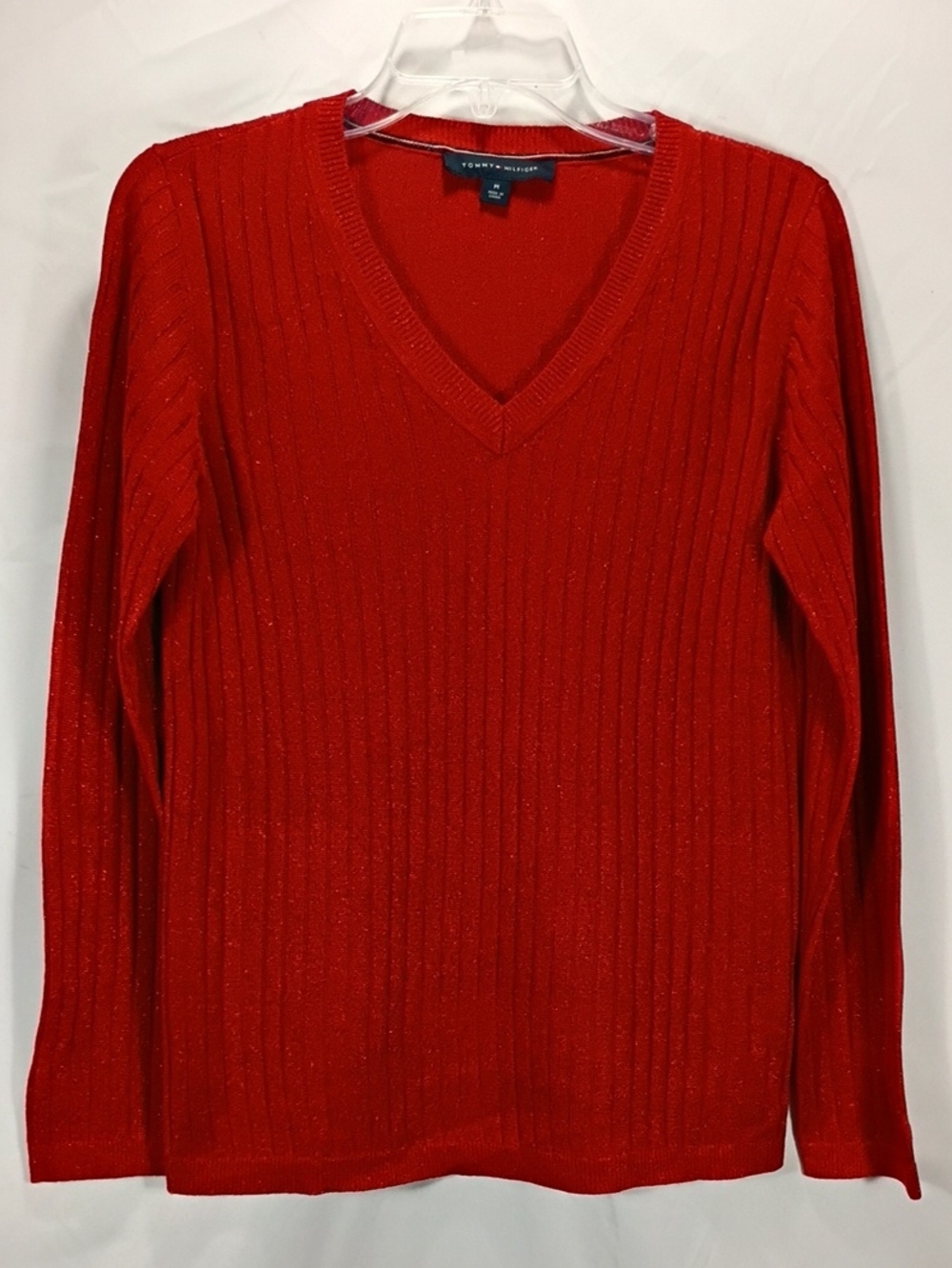 EUC Tommy Hilfiger Bright Red V-Neck Ribbed Sweater Size Medium